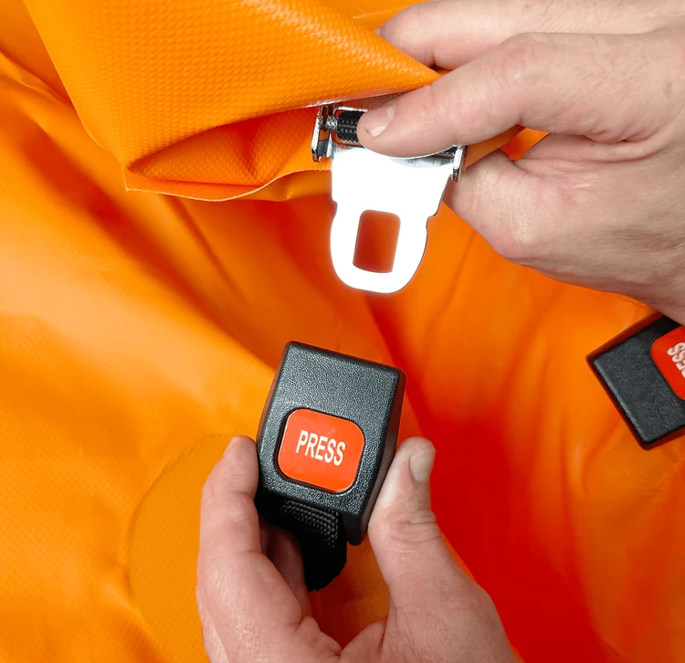 Close-up of the buckle and webbing used to connect Davis fall protection bags