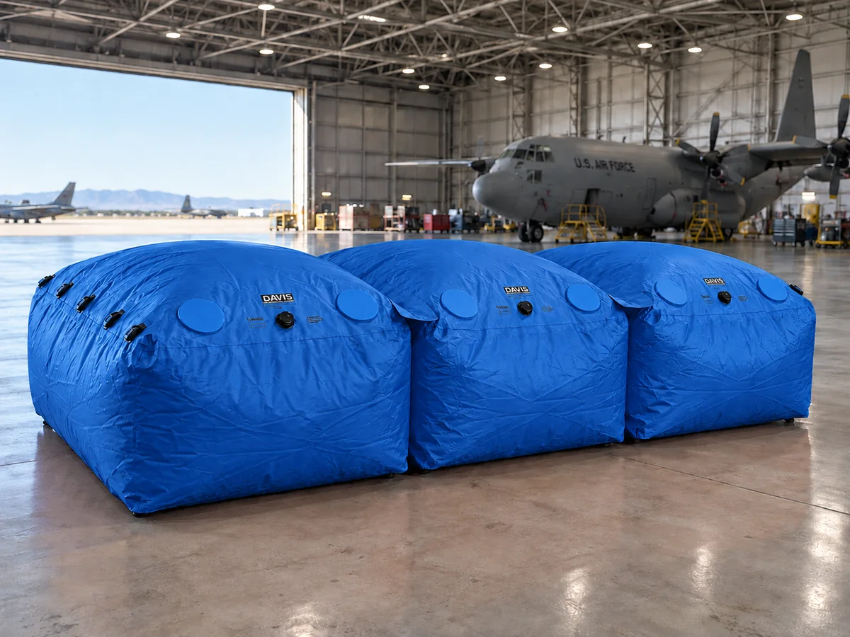 Blue Davis inflatable fall protection bags in an aircraft hangar