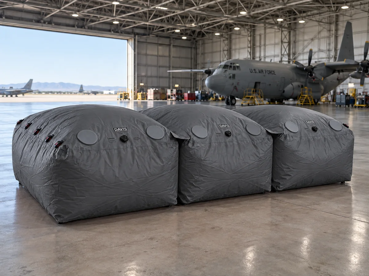 Three graphite Davis inflatable fall protection bags in an aircraft hangar