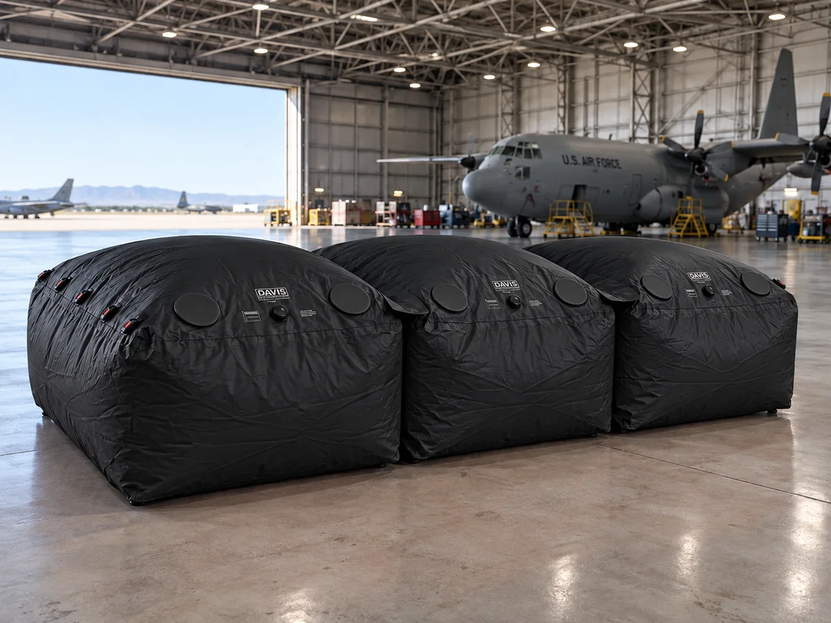 Three matte black Davis inflatable fall protection bags in an aircraft hangar