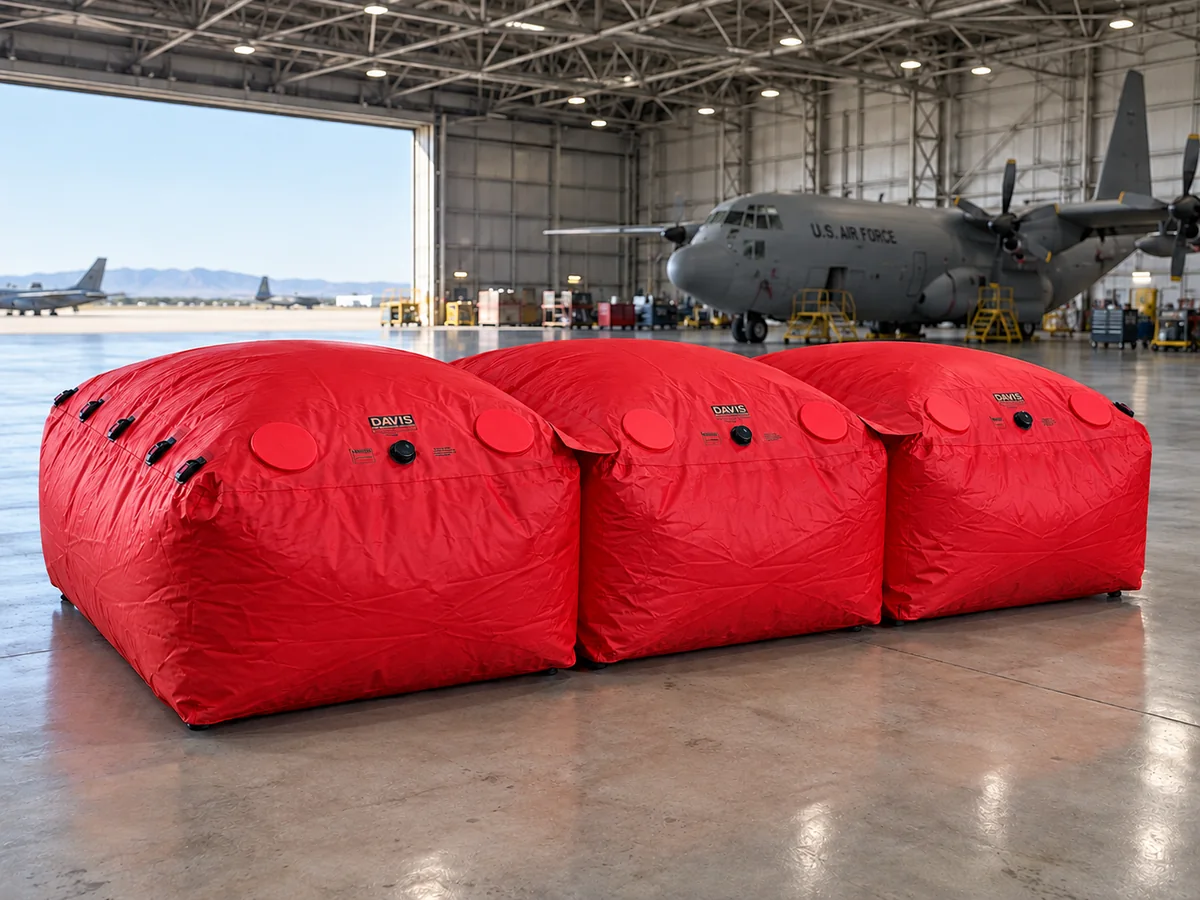 Scarlet red Davis inflatable fall protection bags in an aircraft hangar